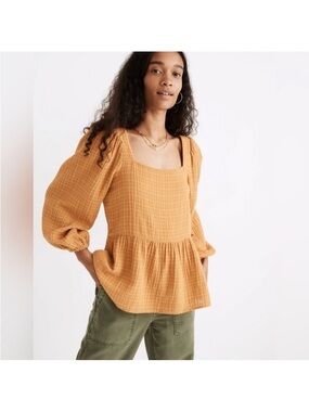 Madewell Lightspun Millbrook Puff-Sleeve Peplum Top